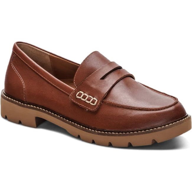 Front angled view of Women's Aetrex Collette Arch Support Penny Loafer in Cognac leather