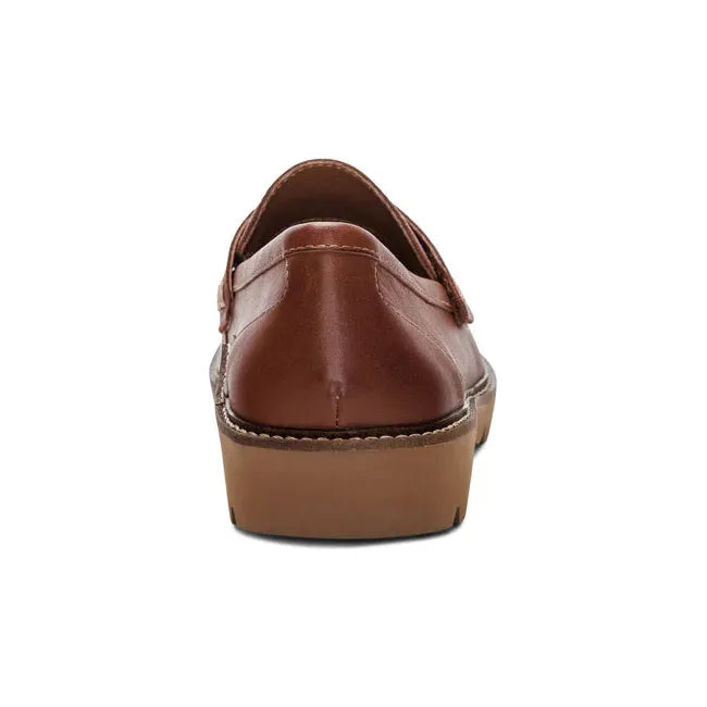 Heel of Women's Aetrex Collette Arch Support Penny Loafer in Cognac leather