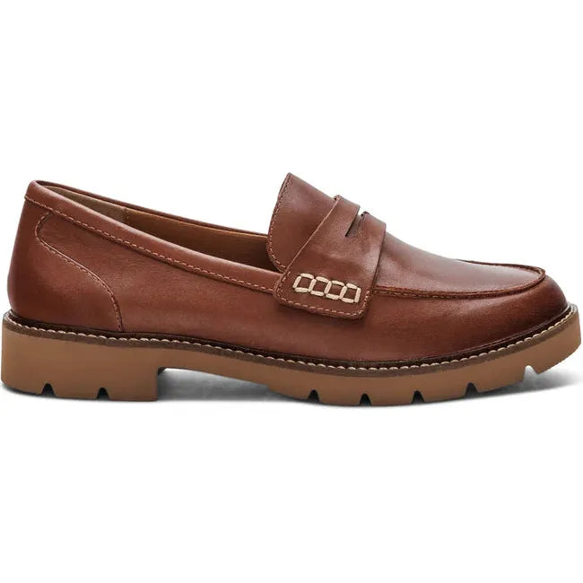 Lateral side of Women's Aetrex Collette Arch Support Penny Loafer in Cognac leather
