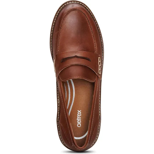Top down view of Women's Aetrex Collette Arch Support Penny Loafer in Cognac leather