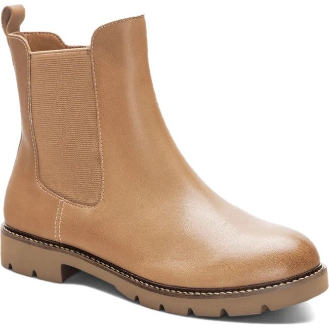 Front angled view of Women's Aetrex Hannah Arch Support Chelsea Boot in tan waterproof leather