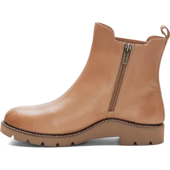 Medial side of Women's Aetrex Hannah Arch Support Chelsea Boot in tan  leather with side zipper