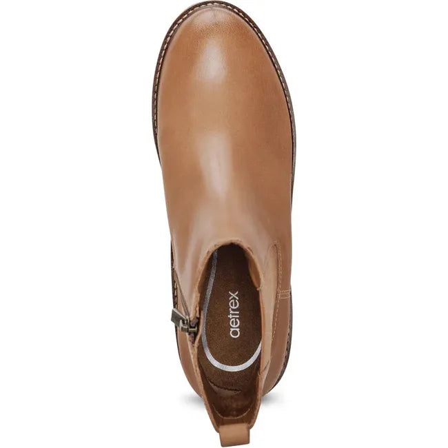 Top down view of Women's Aetrex Hannah Arch Support Chelsea Boot in tan  leather with side zipper