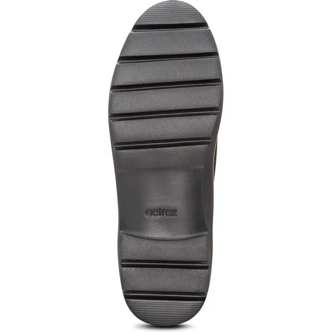 Black sole of Women's Aetrex Margot Lace Up Boot in Black suede upper