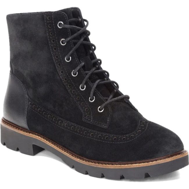 Front angled view of Women's Aetrex Margot Lace Up Boot in Black suede