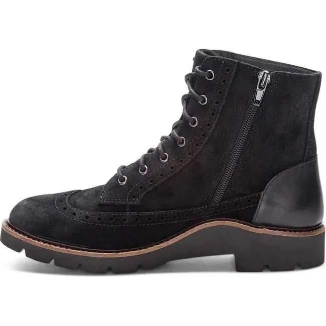 Medial side of Women's Aetrex Margot Lace Up Boot in Black suede with side zipper