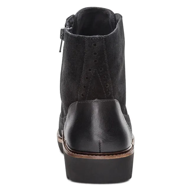 Heel of Women's Aetrex Margot Lace Up Boot in Black suede with medial side zipper