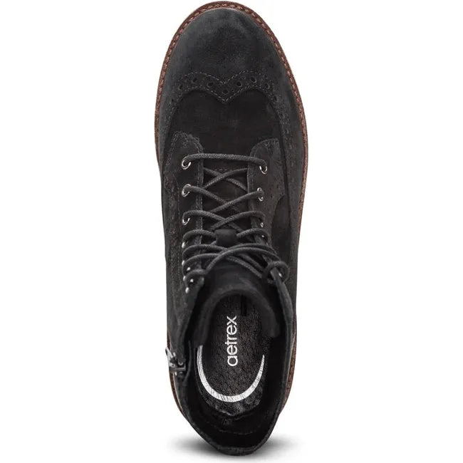 Top down view of Women's Aetrex Margot Lace Up Boot in Black suede