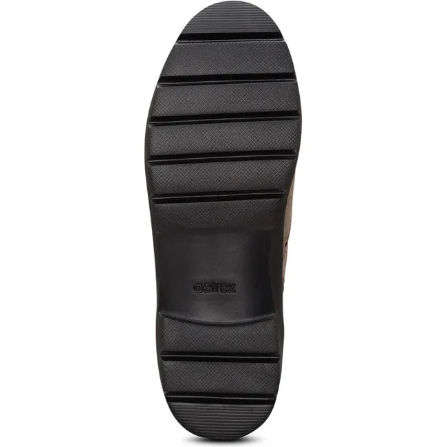 Black sole of Women's Aetrex Margot Lace Up Boot in Taupe suede upper