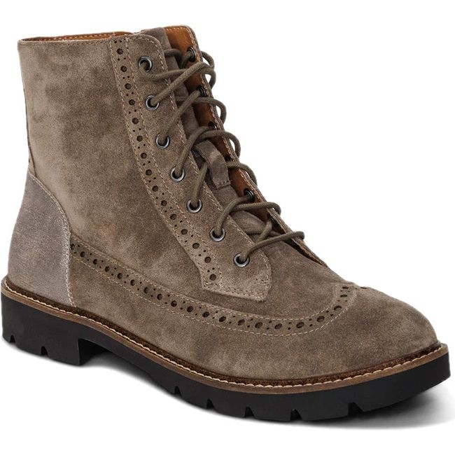 Front angled view of Women's Aetrex Margot Lace Up Boot in Taupe suede