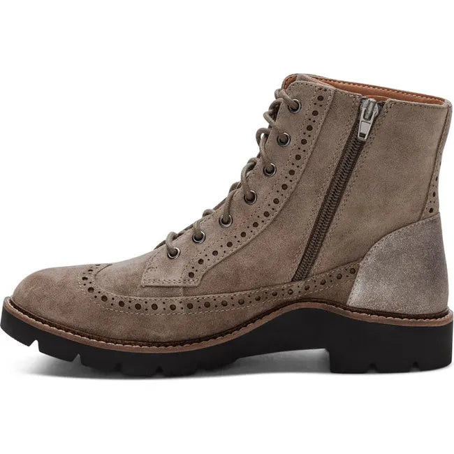 Medial side of Women's Aetrex Margot Lace Up Boot in Taupe suede with side zipper