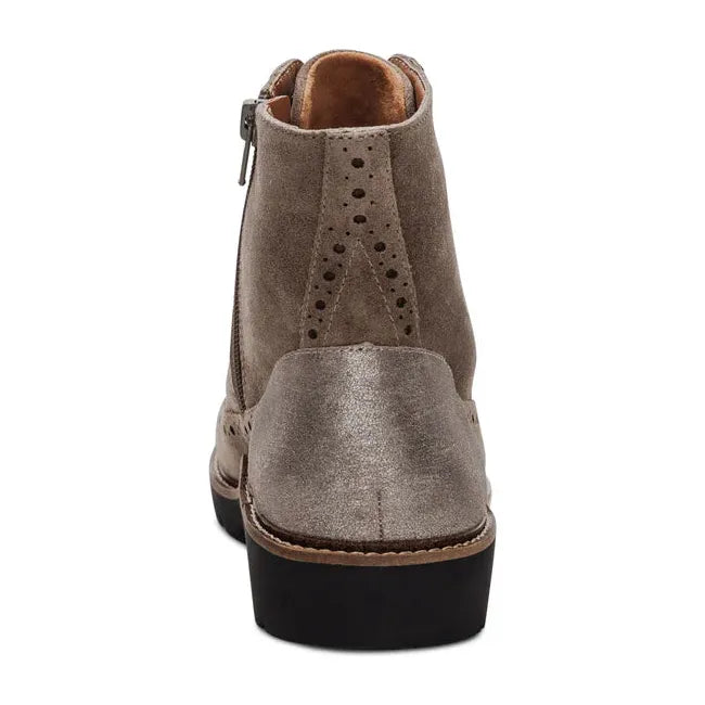 Heel of Women's Aetrex Margot Lace Up Boot in Taupe suede with medial side zipper