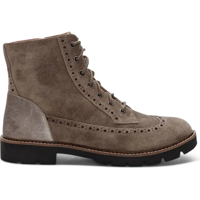 Lateral side of Women's Aetrex Margot Lace Up Boot in Taupe suede