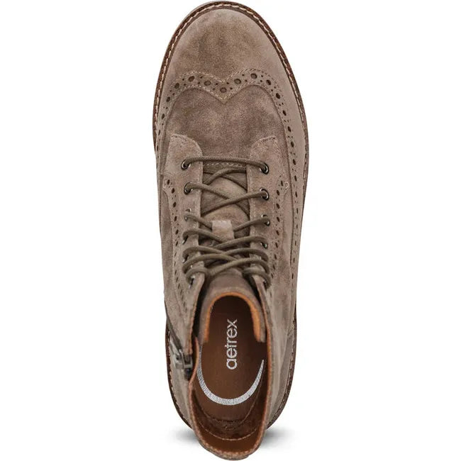 Top down view of Women's Aetrex Margot Lace Up Boot in Taupe suede