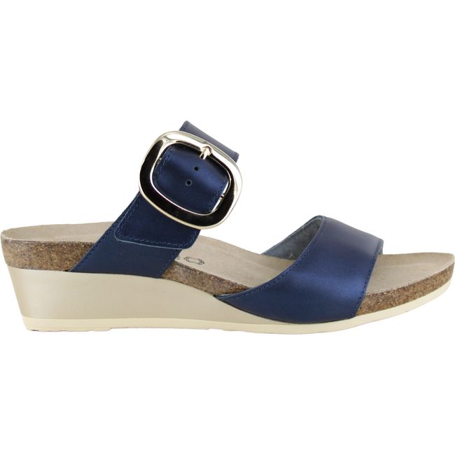 Lateral view of Naot Women's Magic Slide Sandal in polar sea blue with cork footbed
