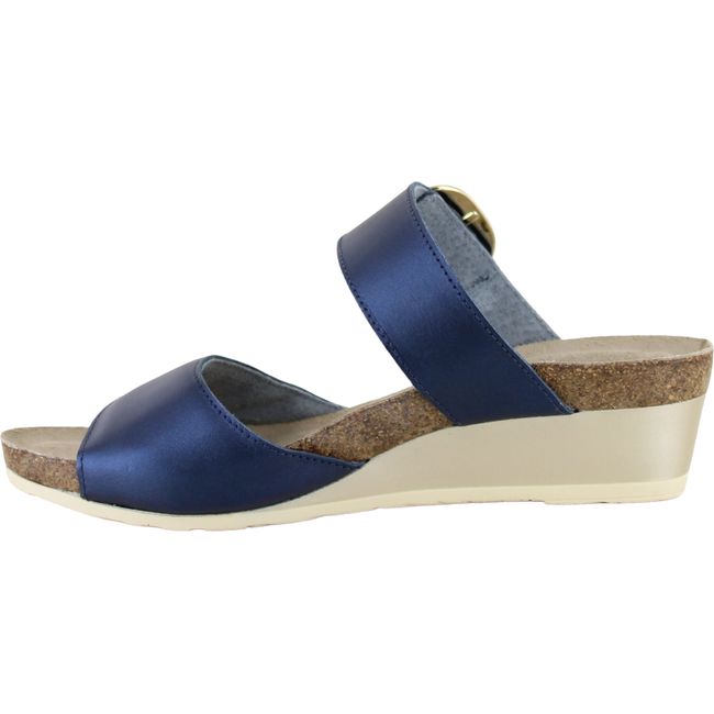 Medial view of Naot Women's Magic Slide Sandal in polar sea blue with cork footbed