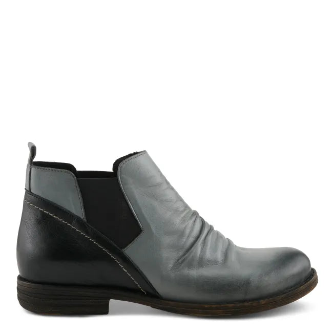 Lateral side of grey multi leather Spring Step Women's Mantaro Chelsea Boot with low heel