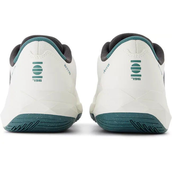 Heels of New Balance Men's FuelCell 769v4 Tennis Shoes in sea salt white and teal