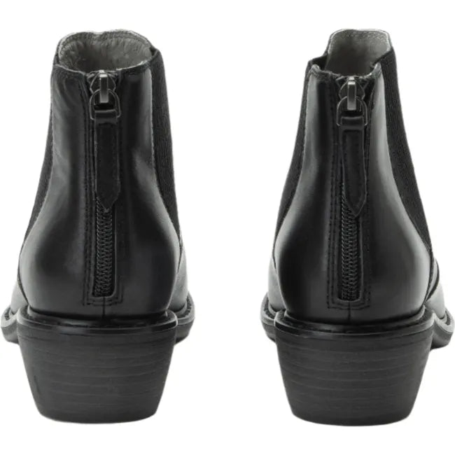 Heels of a pair of Women's Alegria Meadow Boots in black leather with a heel zipper on each