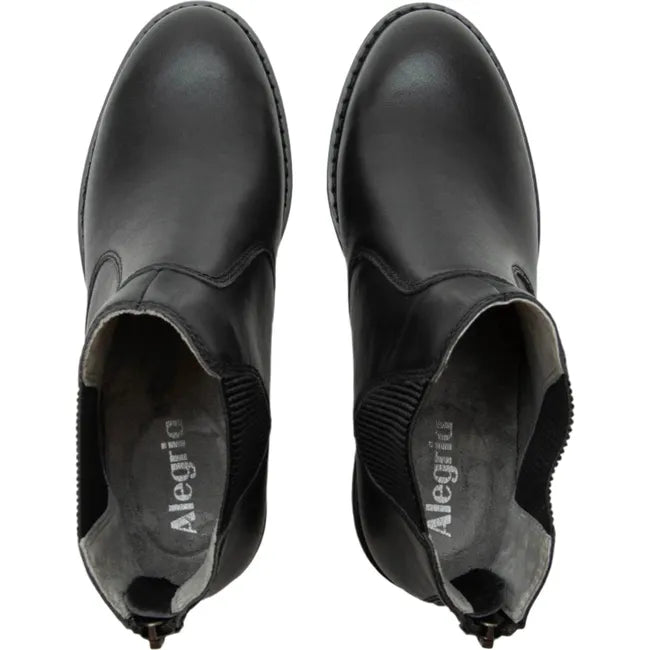Top down view of a pair of Women's Alegria Meadow Boots in black leather