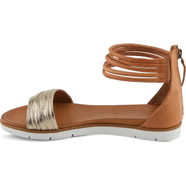 Medial side of Women's Spring Step Mexa Sandal in light brown and gold leather with ankle strap