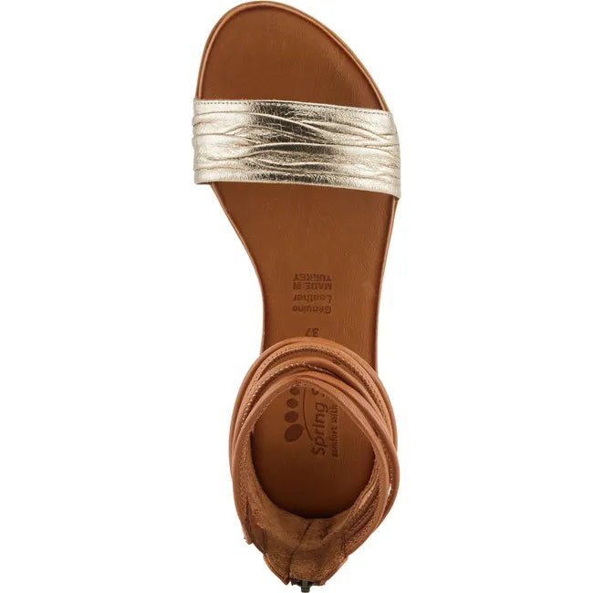 Top down view of Women's Spring Step Mexa Sandal in light brown and gold leather with ankle strap