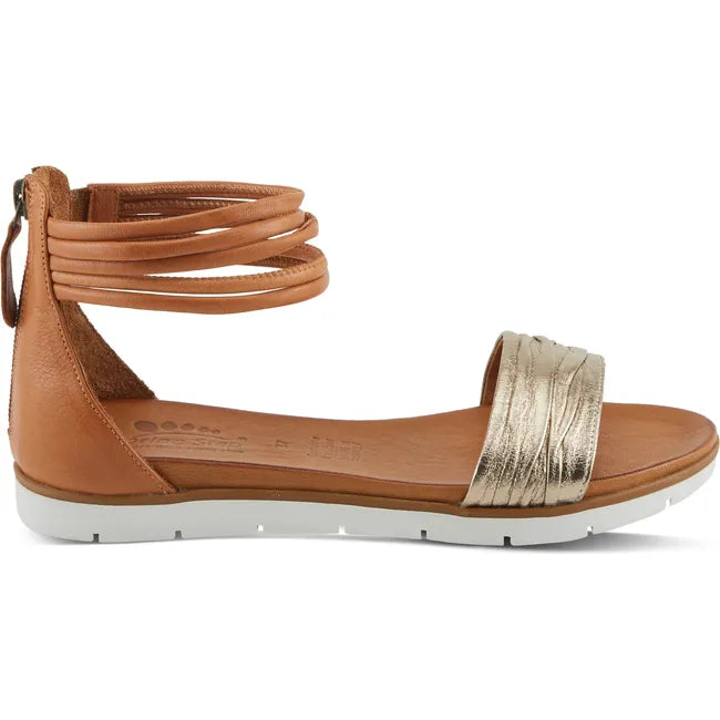 Lateral side of Women's Spring Step Mexa Sandal in light brown and gold leather with ankle strap
