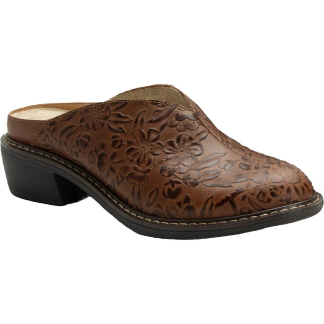 Front angled view of Women's Alegria Michy Mule in Loretta brown floral embossed leather