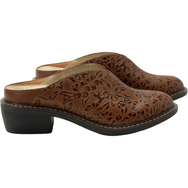 Lateral side of Women's Alegria Michy Mules in Loretta brown floral embossed leather