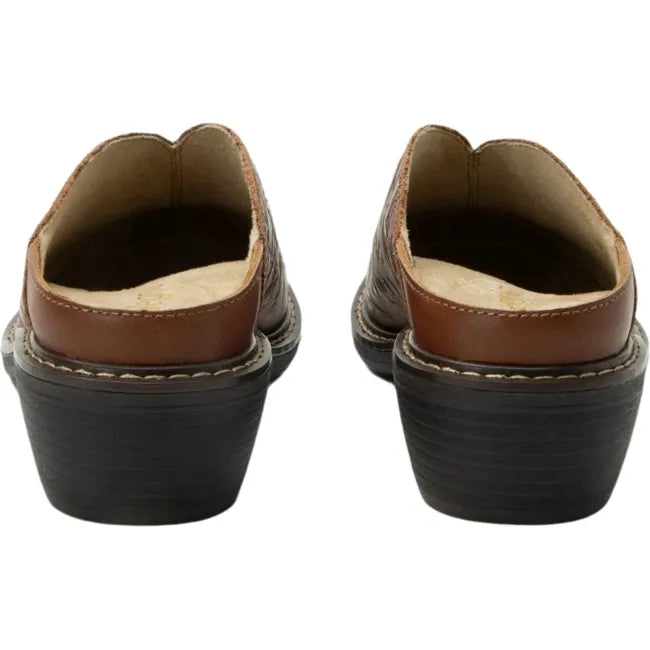 Heels side of Women's Alegria Michy Mules in Loretta brown floral embossed leather