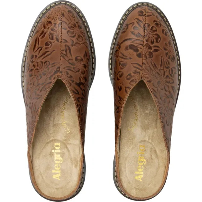 Top down view of Women's Alegria Michy Mules in Loretta brown floral embossed leather