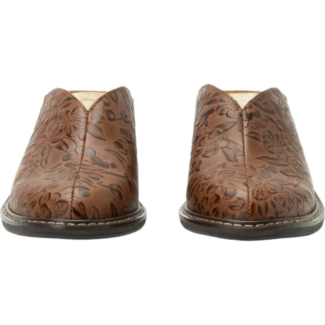 Front of Women's Alegria Michy Mules in Loretta brown floral embossed leather