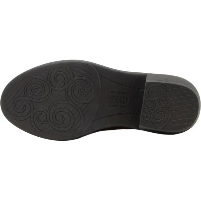 Sole of Women's Alegria Michy Mules in Loretta brown floral embossed leather with a brown outsole