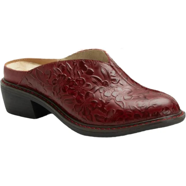 Front angled view of Women's Alegria Michy Mule in Loretta Roja red floral embossed leather