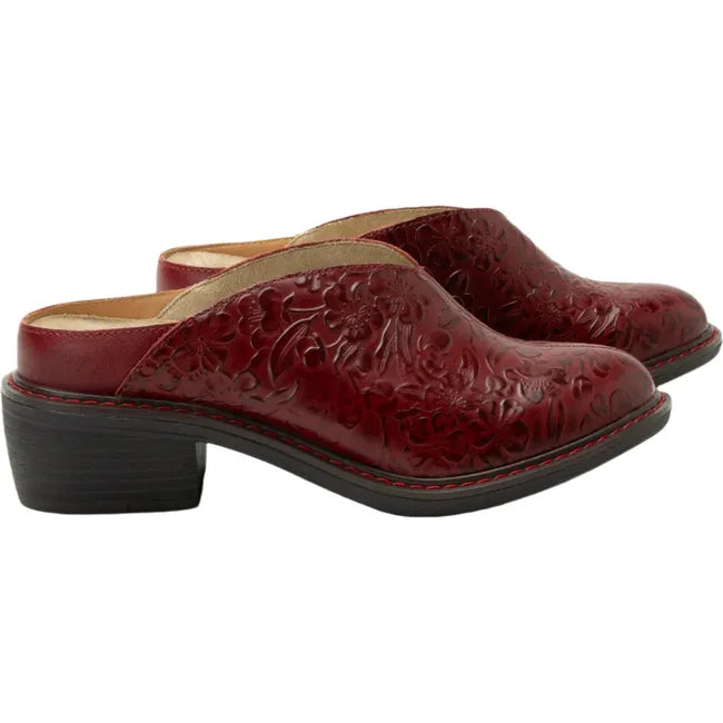 Lateral side of Women's Alegria Michy Mules in Loretta Roja red floral embossed leather