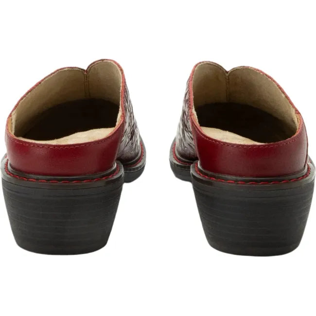 Heels side of Women's Alegria Michy Mules in Loretta Roja red floral embossed leather