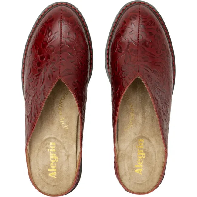 Top down view of Women's Alegria Michy Mules in Loretta Roja red floral embossed leather