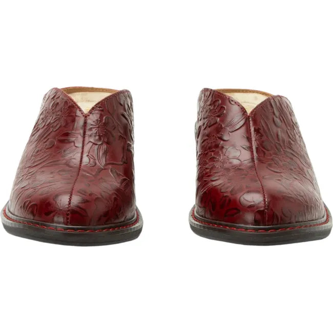 Front of Women's Alegria Michy Mules in Loretta Roja red floral embossed leather