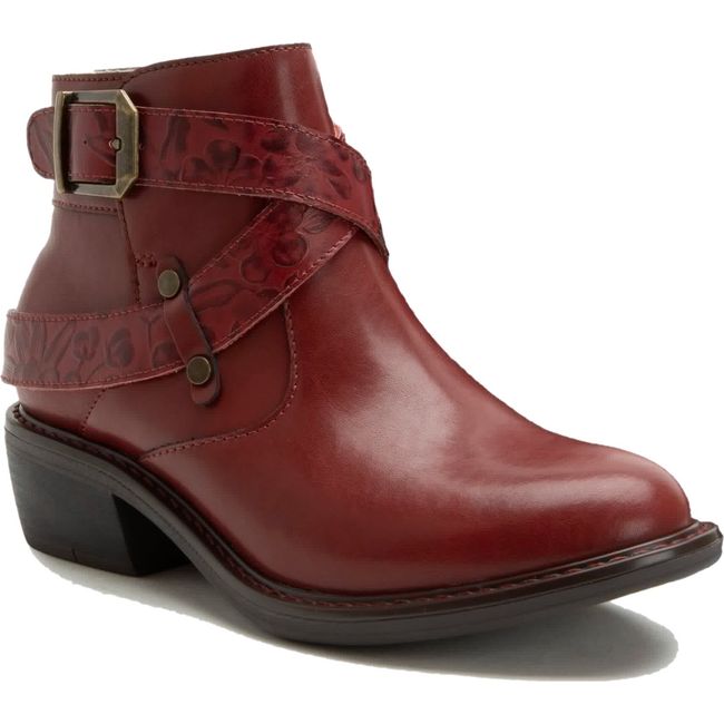 Front angled view of Alegria Women's Millie Boot in Loretta Roja Red Leather