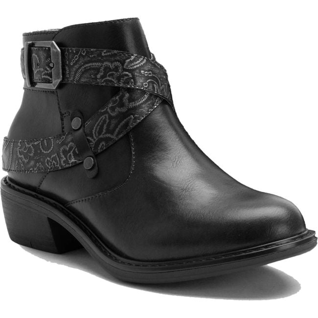 Front angled view of Alegria Women's Millie Boot in Embroider Me Black Leather