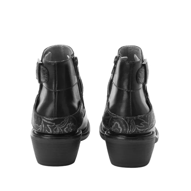 Heels of Alegria Women's Millie Boots in Embroider Me Black Leather