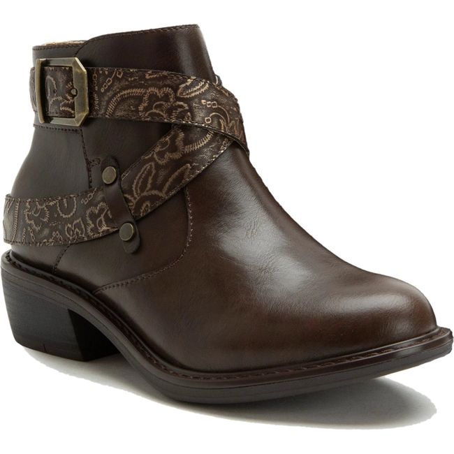 Front angled view of Alegria Women's Millie Boot in Embroider Me Brown