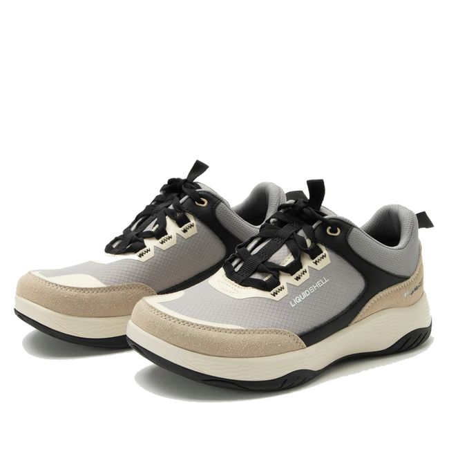 Pair of Alegria Women's Motov8 Water Repellent Shoes in moonrock grey and beige