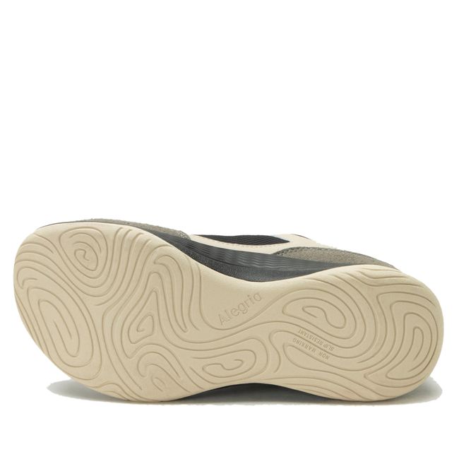 White sole of Alegria Women's Motov8 Water Repellent Sneakers in Raven Black