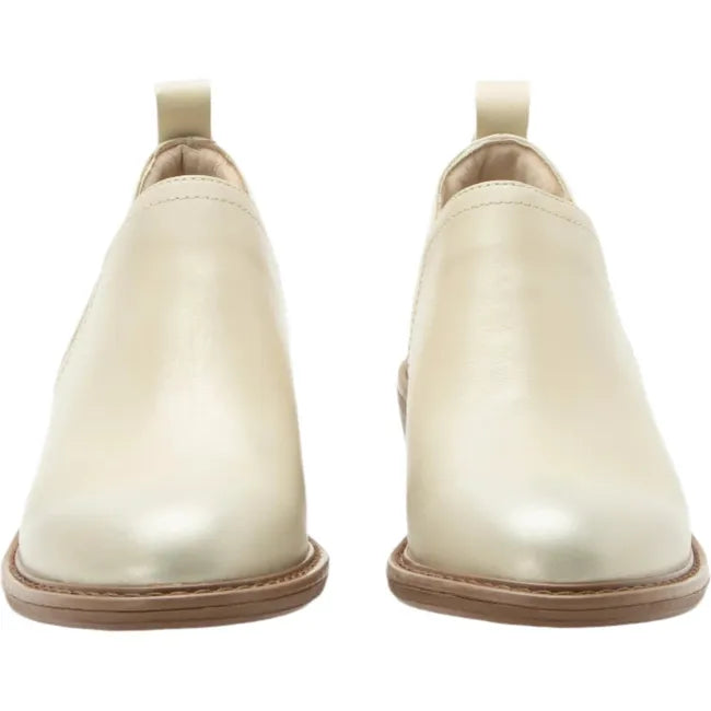 Front of Women's Alegria Merle Ankle Boots in gold cream leather upper with brown outsole