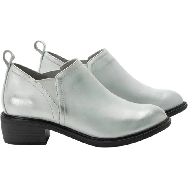 Front of Women's Alegria Merle Ankle Boots in silver leather upper with black outsole