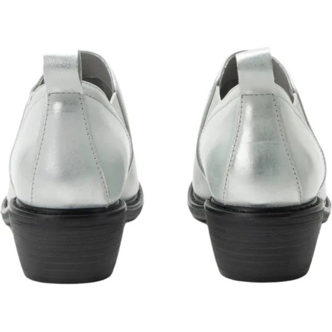 Heels of Women's Alegria Merle Ankle Boots in silver leather upper with black block heel