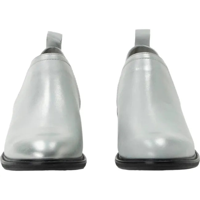 Lateral side of Women's Alegria Merle Ankle Boots in silver leather upper with black outsole