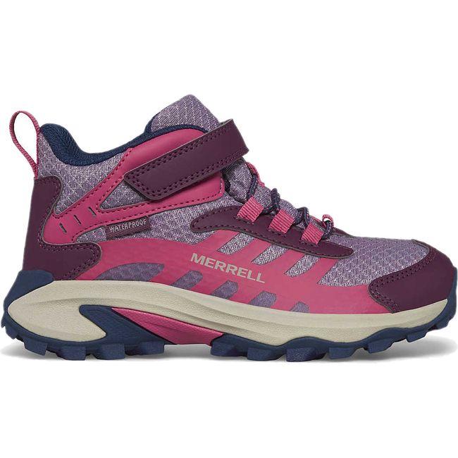 Lateral of Merrell Big Kids&#39; Moab Speed Mid 2 A/C Waterproof Hiking Boot in Berry Purple and Pink