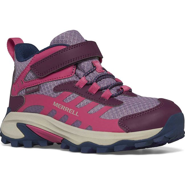 Front angled of Merrell Big Kids&#39; Moab Speed Mid 2 A/C Waterproof Hiking Boot in Berry Purple
